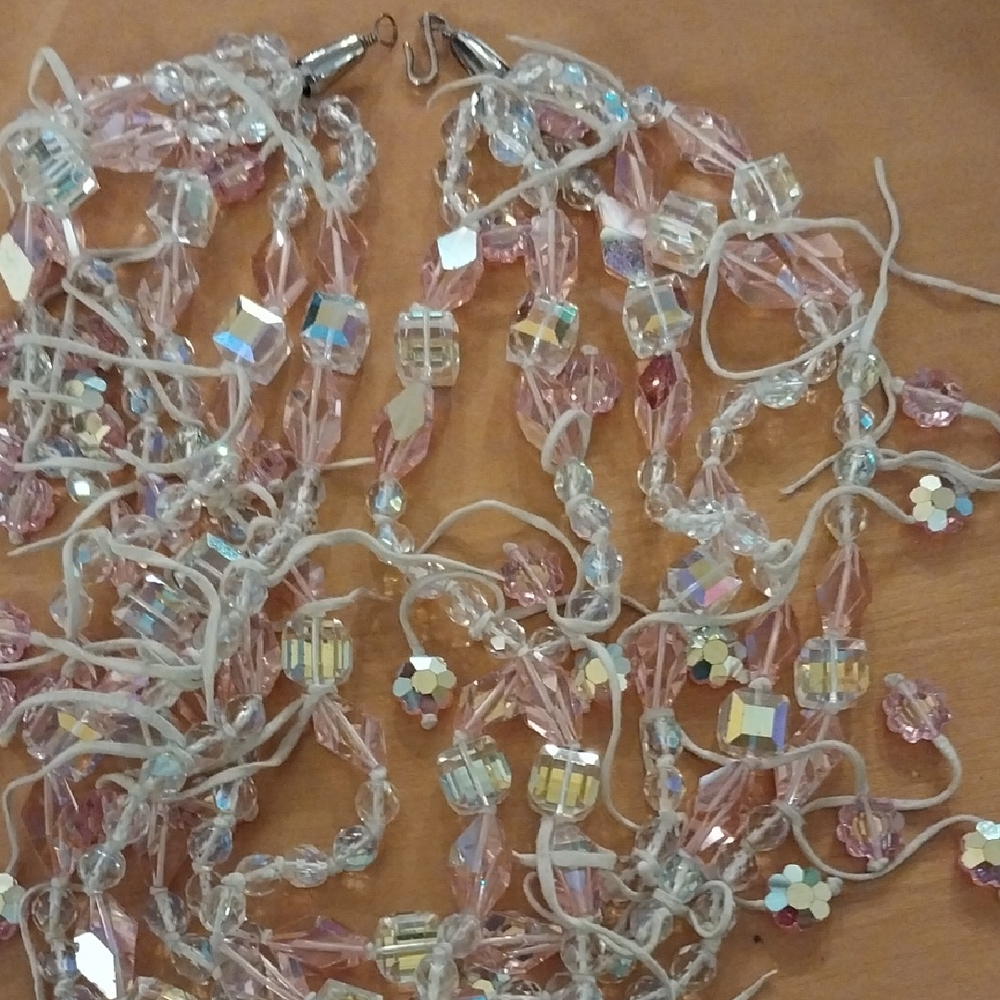 Pink and Clear Crystal 5 Strand Necklace.  Beaded In White Leather Strips.